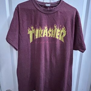 Thrasher Burgundy Tee with Gold Flame Logo